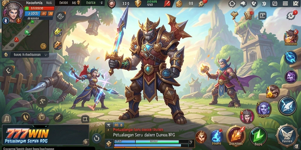 Screenshot gameplay seru dari 777WIN yang menunjukkan pertarungan RPG.