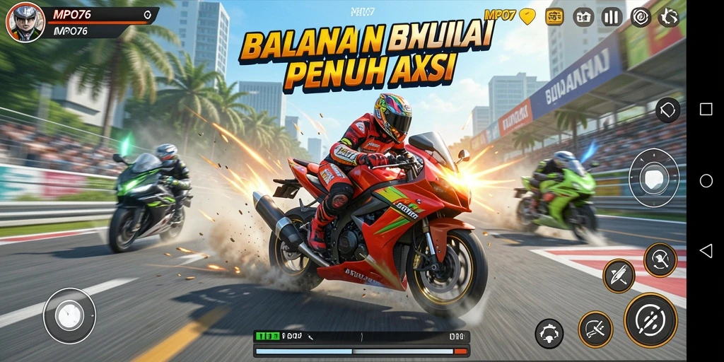 Screenshot MPO76 menampilkan aksi balapan motor yang mendebarkan.