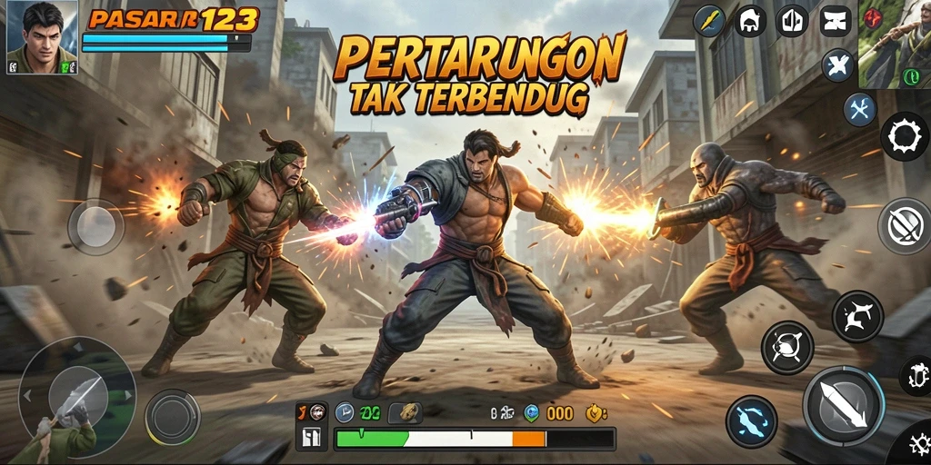 Tangkapan layar menunjukkan aksi seru dalam PASAR123 dengan karakter bertarung.