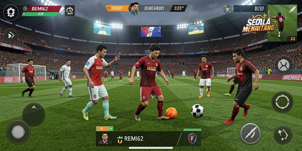 Tampilan gameplay <strong>REMI62</strong> dengan aksi pertandingan sepak bola yang intens.